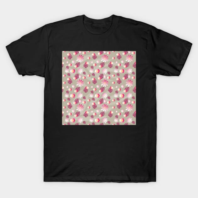Colorful flowers pattern pink pink with leaves T-Shirt by Kingluigi